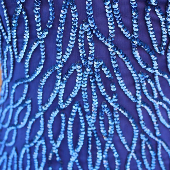 Laurence Kazar Silk Dress Womens SP Royal Blue Sequined Beaded Cocktail 90s - Picture 2 of 15